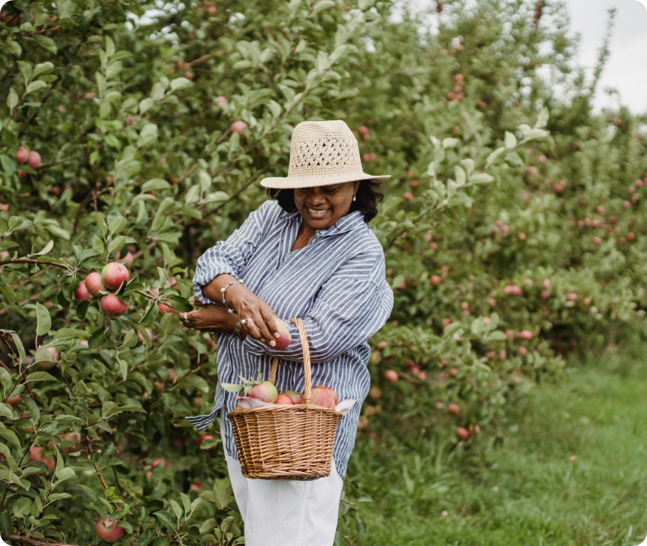 Woman picking fruit from a tree.