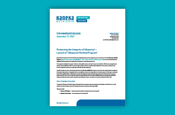 Kaneka Nutrients Launch of Ubiquinol Verified Program Press Release