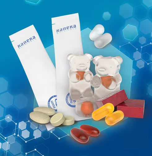 kaneka-nutrients-ingredient-samples-supplement-dosage-forms Kaneka Nutrients ingredient samples and supplement dosage forms displayed with branded packaging.
